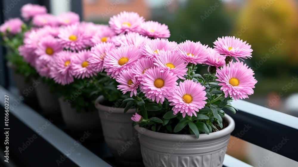 Potted pink daisy flowers lined up on an outdoor balcony railing with a blurred background of greenery and buildings. Potted pink daisy flowers lined up on an outdoor balcony railing with a blurred background of greenery and buildings.