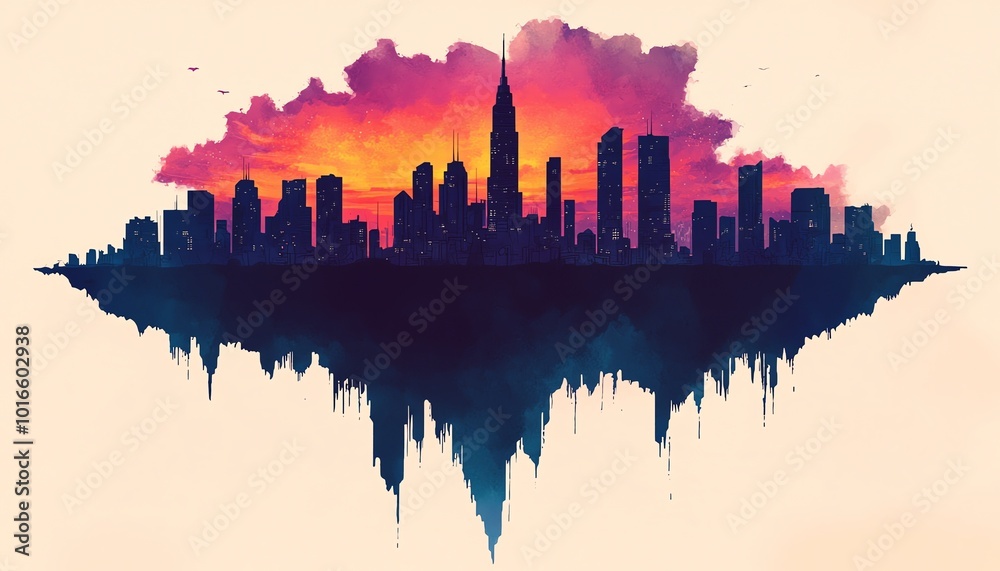 Obraz premium A stunning skyline silhouette reflecting a vibrant sunset with dramatic clouds, showcasing urban architecture and creativity.