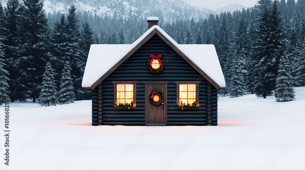 Cozy cabin in snowy landscape with warm glowing windows. Cozy cabin in snowy landscape with warm glowing windows.
