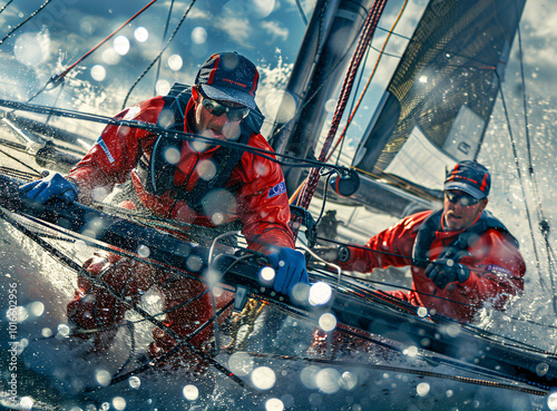 An extreme sports photo of team racing on catamaran, captain and crew member wearing red uniforms and blue gloves sitting behind an ultra light boat,  dynamic movement and energy in the sport 