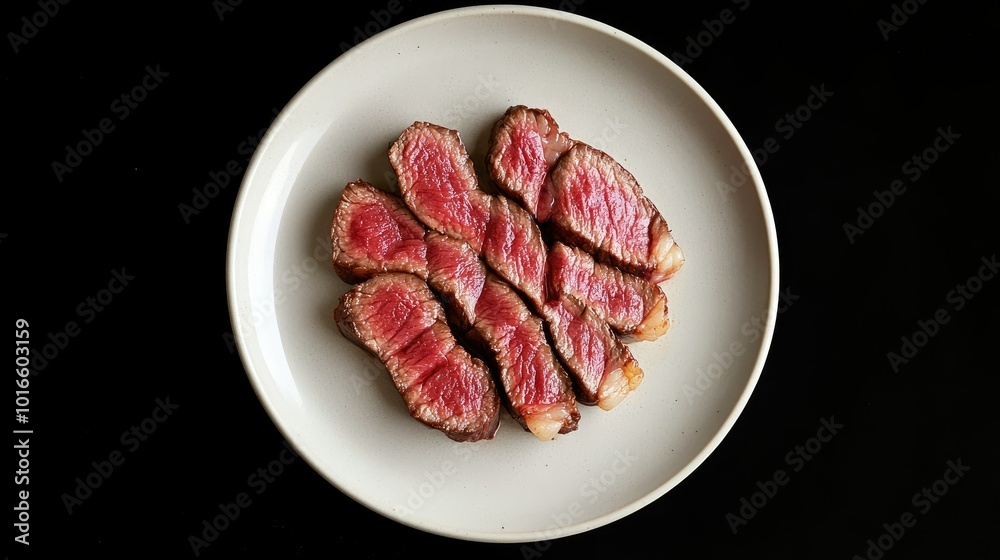 A perfectly cooked sliced steak with visible pink meat inside, arranged on a clean white plate against a solid dark background. A perfectly cooked sliced steak with visible pink meat inside, arranged on a clean white plate against a solid dark background.