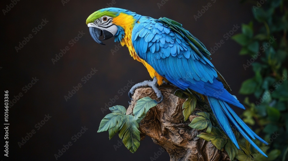 Obraz premium A vibrant blue and yellow macaw parrot perched on a branch with green leaves against a dark background.
