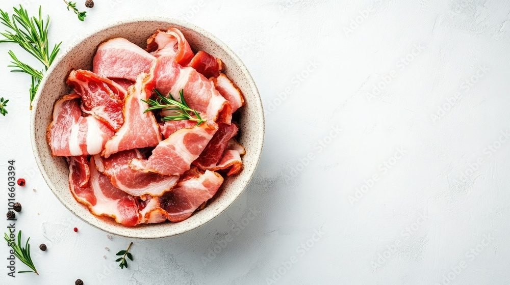 Raw bacon strips in a bowl, top view on white tile background, with space for text or culinary content Raw bacon strips in a bowl, top view on white tile background, with space for text or culinary content