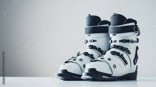 Two white ski boots are on a table photo