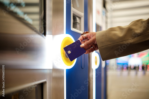 Canvas Print Female hand holding a card on a contactless reader machine in train station