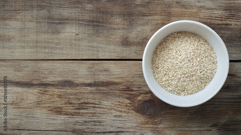 Rice grains in a white bowl on a rustic wooden table, top view, copy space for culinary content or advertising Rice grains in a white bowl on a rustic wooden table, top view, copy space for culinary content or advertising