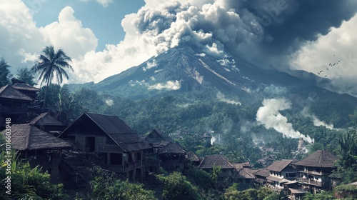 Thick smoke billows from the volcano while nearby homes sit beneath a clouded sky