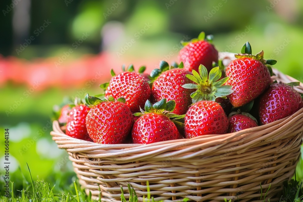 A basket full of freshly picked strawberries resting on a patch of green grass, with the blurred strawberry garden stretching out behind. A basket full of freshly picked strawberries resting on a patch of green grass, with the blurred strawberry garden stretching out behind.