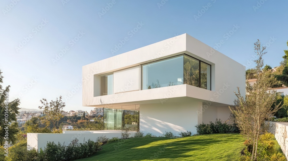 Modern white house with large windows and a green lawn. Modern white house with large windows and a green lawn.