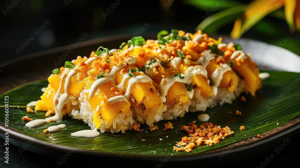 A plate of Thai mango sticky rice with coconut sauce drizzled over it, beautifully displayed on a banana leaf plate, with a dark background. A plate of Thai mango sticky rice with coconut sauce drizzled over it, beautifully displayed on a banana leaf plate, with a dark background.