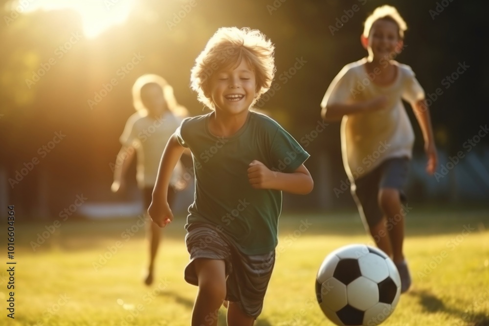 Obraz premium Candid Photo of Young Boys enjoy soccer football sports child.