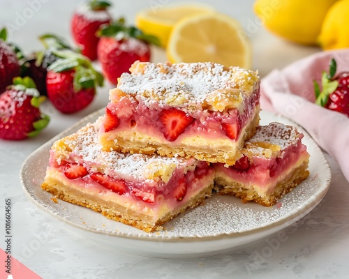 Delicious strawberry lemonade bars topped with powdered sugar