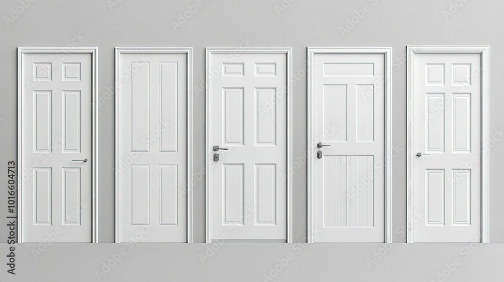 Set of white doors, isolated on a plain background, with space for text or branding Set of white doors, isolated on a plain background, with space for text or branding