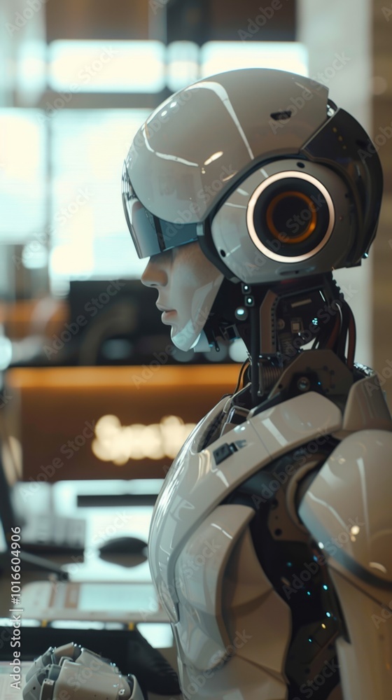 A robot is standing in front of a computer monitor A robot is standing in front of a computer monitor