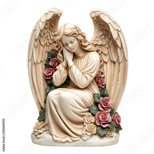 Angel sculpture with roses, isolated on white background