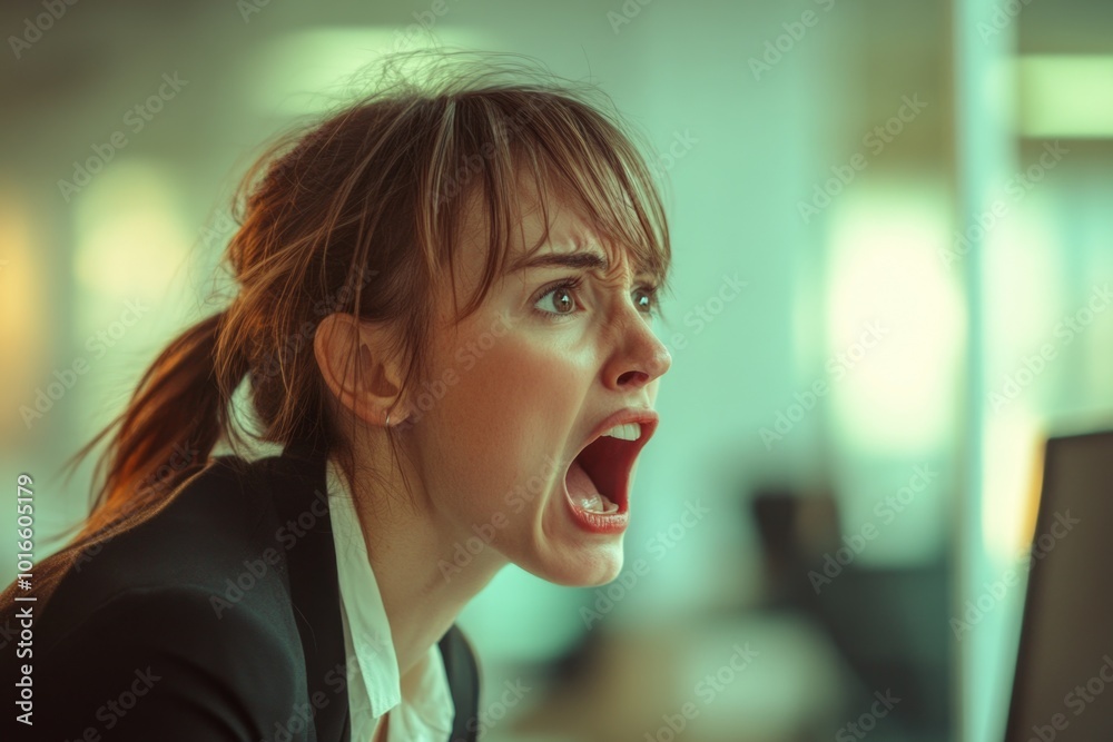 A woman's reaction to something on her computer, possibly unexpected or disturbing. A woman's reaction to something on her computer, possibly unexpected or disturbing.