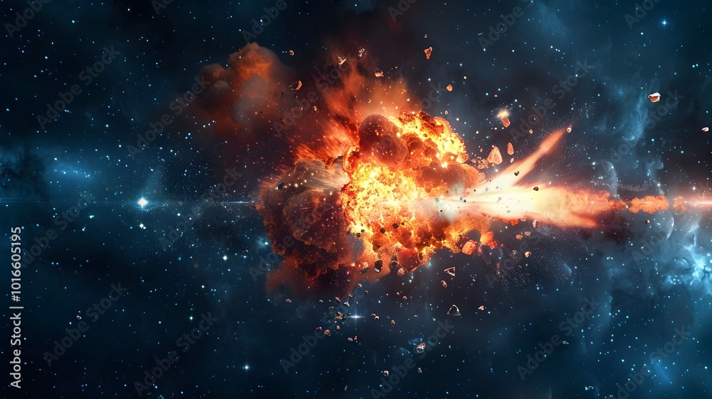 Obraz premium Powerful Cosmic Explosion in the Void of Space with Scattered Debris and Luminous Blast