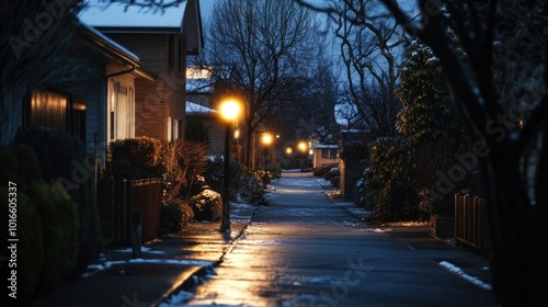 A quiet residential street at midnight, illuminated by soft, glowing streetlights and empty sidewalks.