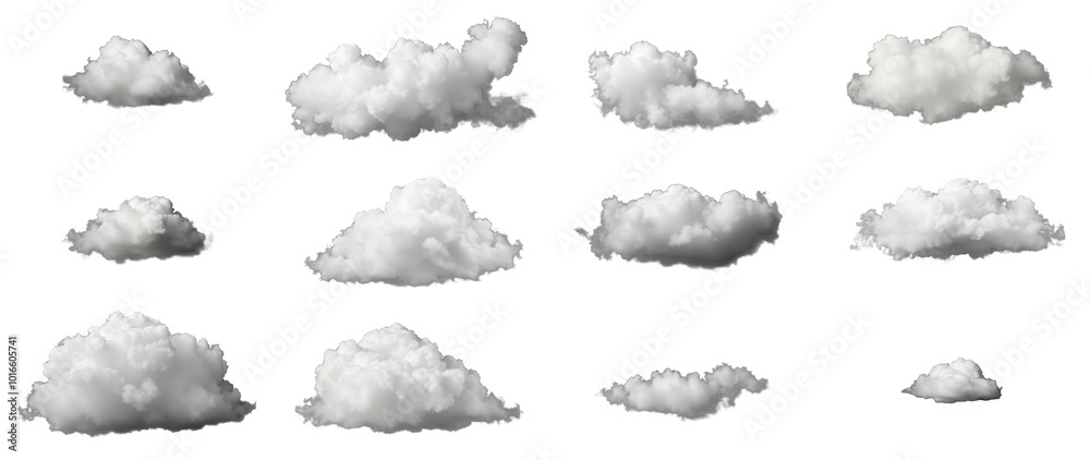 Collection of fluffy cumulus clouds in various shapes, isolated on transparent background, Generative AI Collection of fluffy cumulus clouds in various shapes, isolated on transparent background, Generative AI