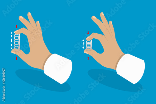 3D Isometric Flat Vector Illustration of Elasticity Mechanics, Metal Spring Stretched And Clamped By Fingers