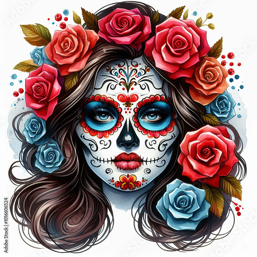 woman with day of the dead makeup with red orange and blue roses in her hair