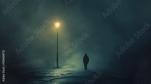 Solitary Figure Walks Down Deserted Street at Night Under Harsh Streetlight Conveying Disheartened Concept