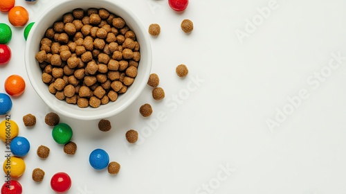 Top view of dry dog food and colorful toys, clean white background with space for messaging or branding