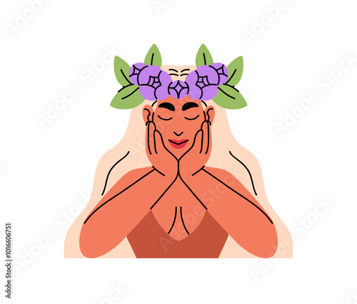 Young woman with flowers on head leans on hands. Happy girl with floral wreath. Concept of self acceptance, love and care about yourself. Flat isolated vector illustration on white background