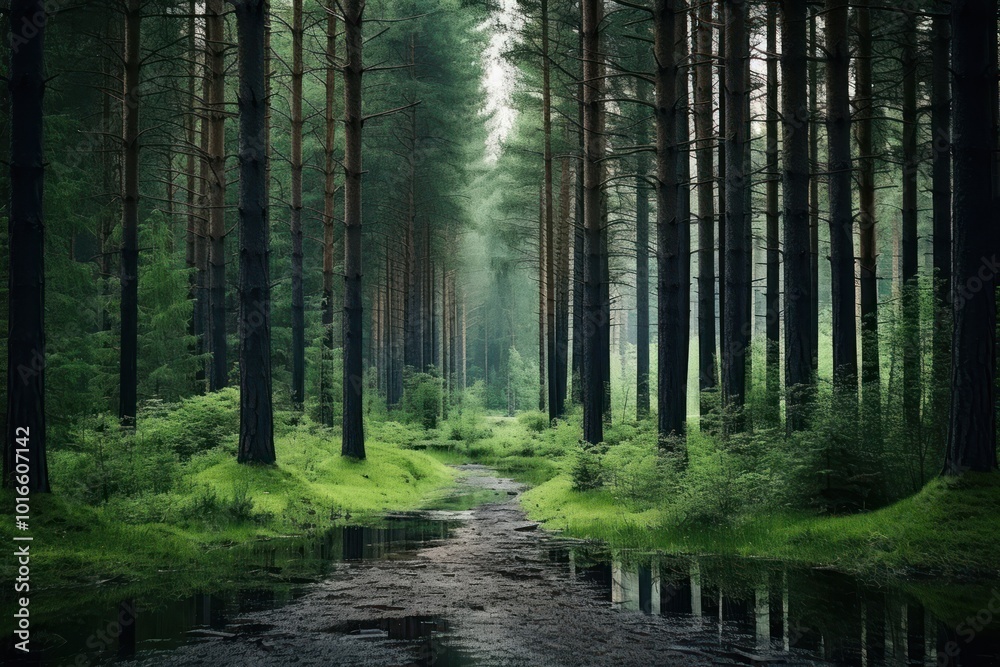 Obraz premium Deep pine forest background landscape woodland outdoors.