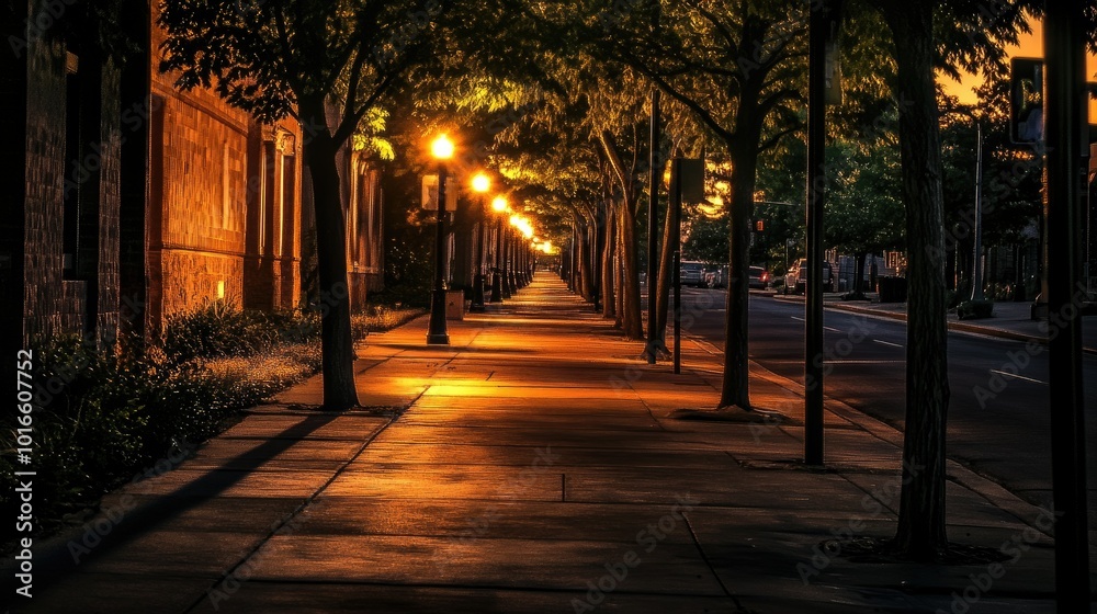 A quiet street at dusk, lined with glowing streetlights casting long shadows, empty sidewalks, and a peaceful urban atmosphere. A quiet street at dusk, lined with glowing streetlights casting long shadows, empty sidewalks, and a peaceful urban atmosphere.