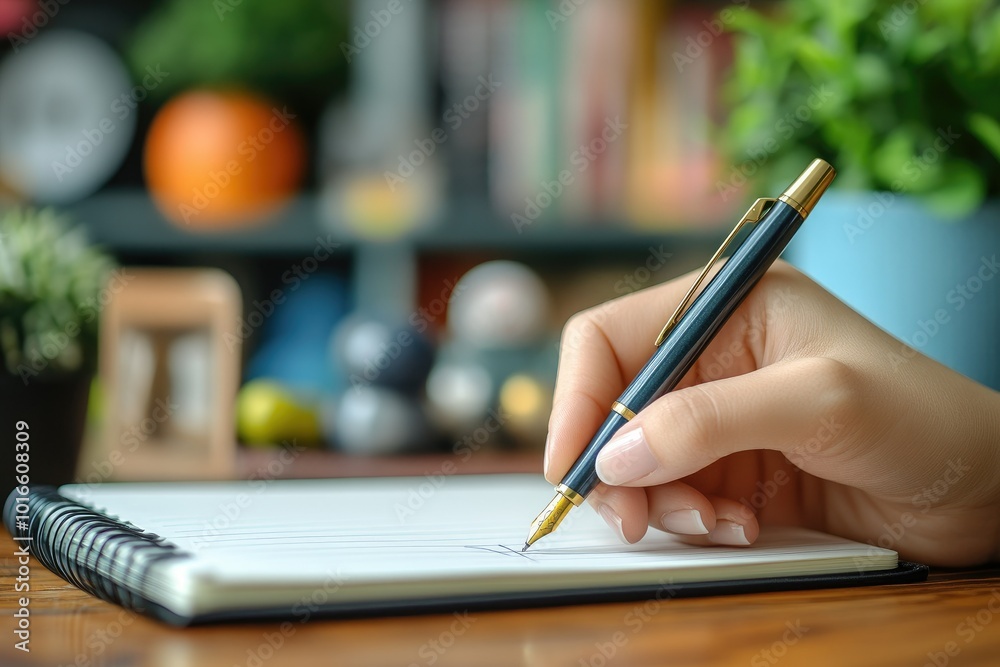 A hand gripping a pen, writing goals in a notebook, with motivational quotes blurred in the background on a desk filled with inspirational items