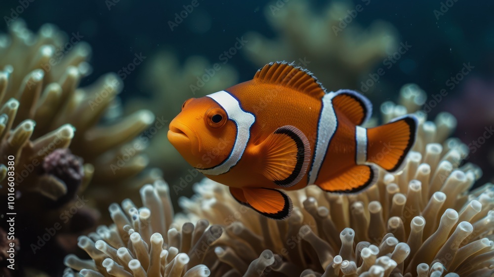 A vibrant orange and white clownfish swims among the tentacles of a sea anemone. A vibrant orange and white clownfish swims among the tentacles of a sea anemone.