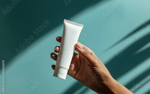 Close-up of Hand Squeezing Moisturizer from Tube in Skincare Regimen with Hydrating Cream and Pump Bottle