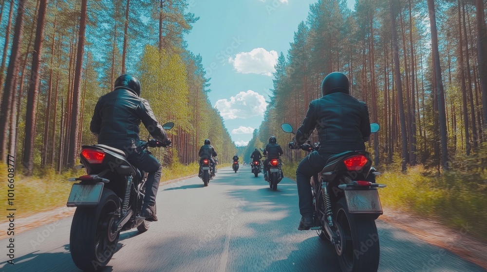 A group of motorbikes on the forest road riding. having fun driving the empty road on a motorcycle tour journey. In summer against a blue sky. Concept of motorsport, speed. Back bottom view A group of motorbikes on the forest road riding. having fun driving the empty road on a motorcycle tour journey. In summer against a blue sky. Concept of motorsport, speed. Back bottom view