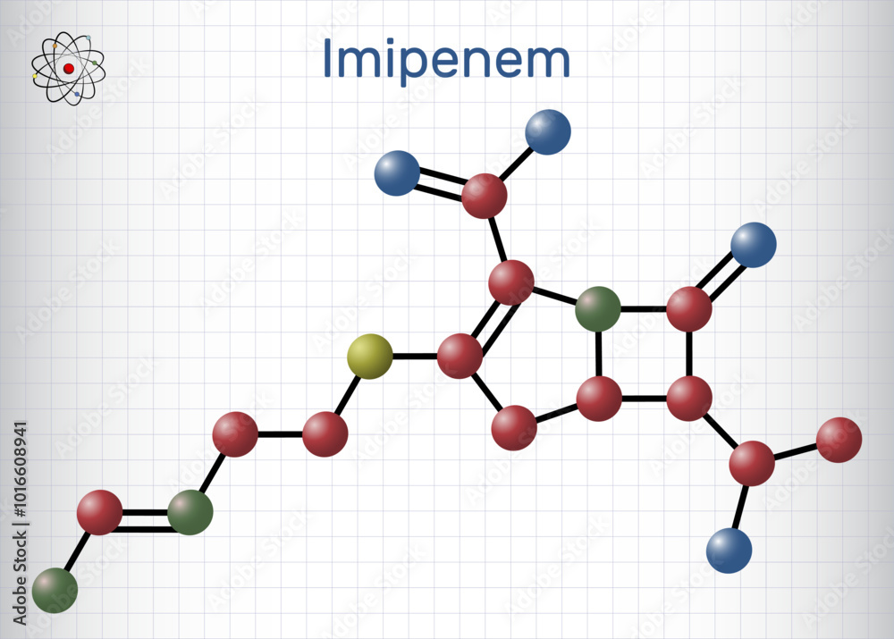 Imipenem molecule. A broad-spectrum carbapenem antibiotic used to treat severe bacterial infections. Molecule model. Sheet of paper in a cage. Vector Imipenem molecule. A broad-spectrum carbapenem antibiotic used to treat severe bacterial infections. Molecule model. Sheet of paper in a cage. Vector