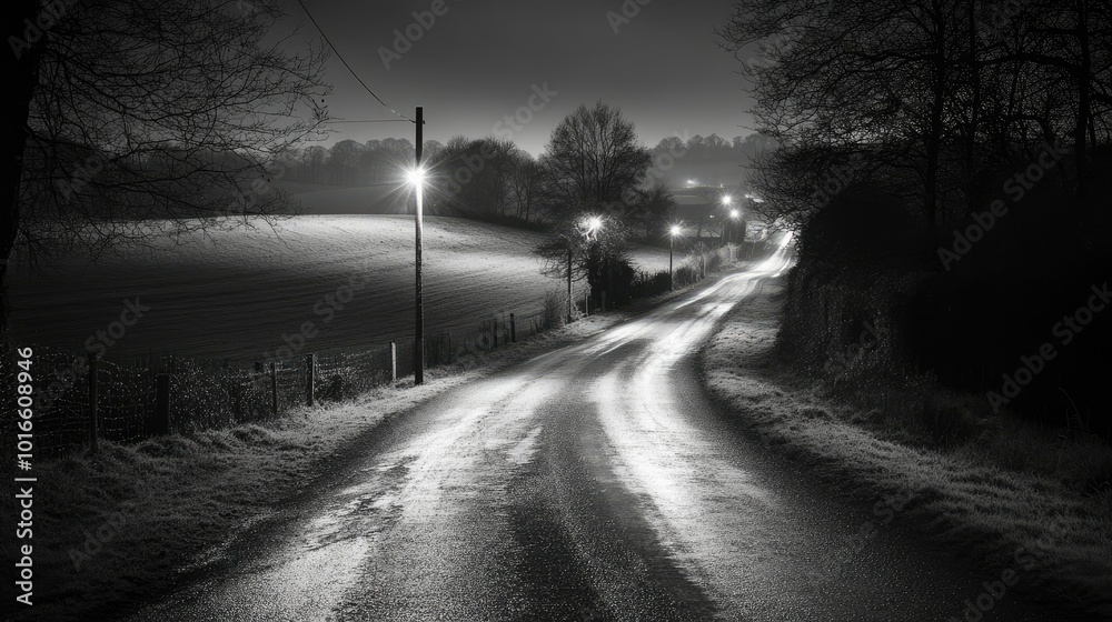 A rural road with only a few streetlights illuminating the way, surrounded by trees and fields in the distance. A rural road with only a few streetlights illuminating the way, surrounded by trees and fields in the distance.