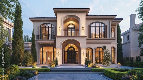 Elegant Mediterranean-style villa with arched windows and balconies, illuminated at dusk. Manicured landscaping and cypress trees frame the luxurious two-story residence.