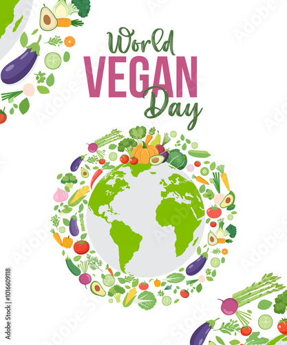 world vegan day good for world, globe with vegetable and food, vegan day celebration. flat design