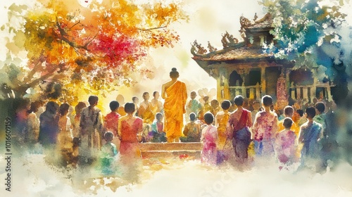 The Buddha’s return to Kapilavastu, welcomed by family and townspeople with joy and reverence, illustrated in watercolor style with a warm, colorful setting. photo