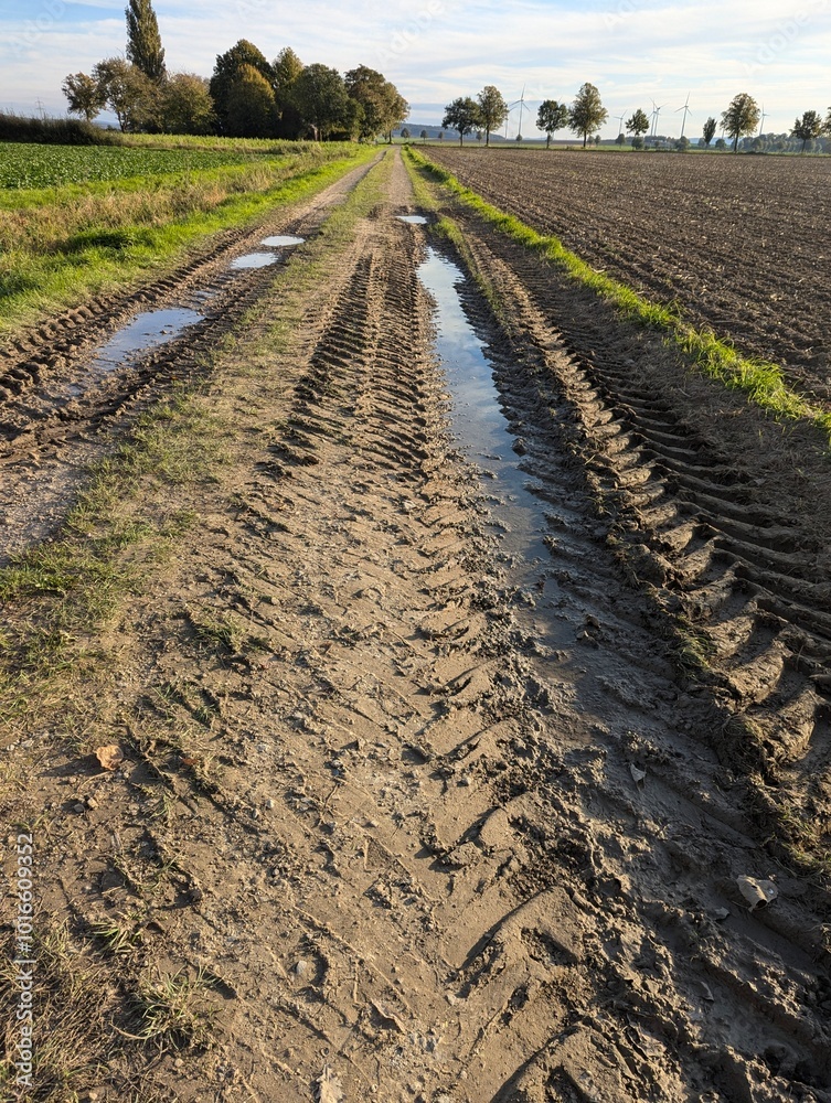 Feldweg mit Treckerspuren und Pfützen Feldweg mit Treckerspuren und Pfützen