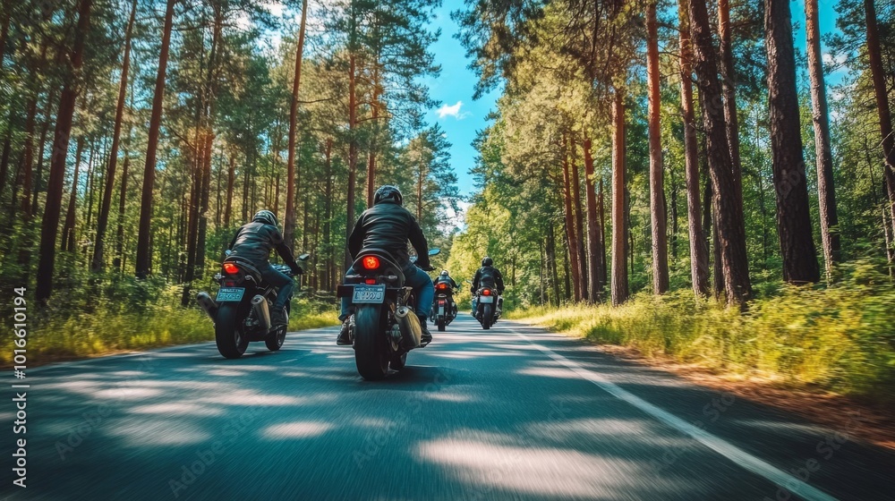 A group of motorbikes on the forest road riding. having fun driving the empty road on a motorcycle tour journey. In summer against a blue sky. Concept of motorsport, speed. Back view A group of motorbikes on the forest road riding. having fun driving the empty road on a motorcycle tour journey. In summer against a blue sky. Concept of motorsport, speed. Back view