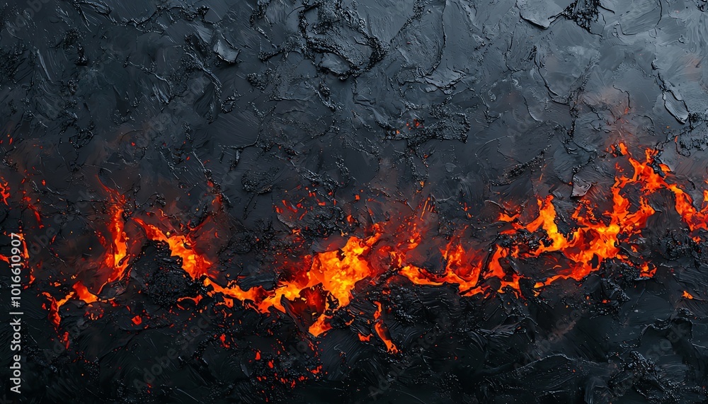 Abstract lava flow texture with vibrant orange and black tones, creating a dramatic and captivating natural background.