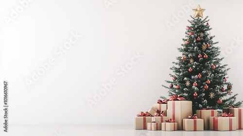 Albero di Natale circondato da regali sul lato destro dell'immagine. Lo sfondo è bianco per auguri personalizzati photo