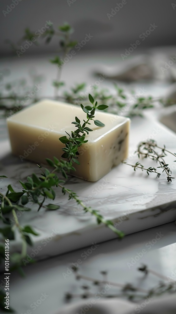 A natural soap bar surrounded by fresh herbs, showcasing a minimalist aesthetic on a marble surface.