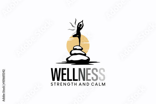 Balance logo design, woman meditating yoga standing on a pile of rocks