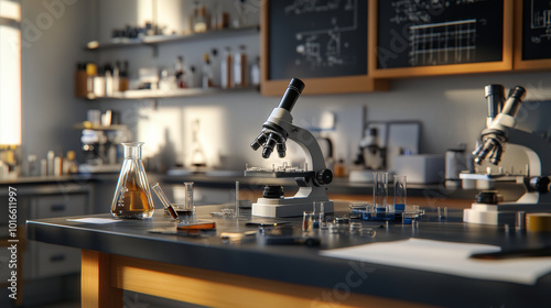 well equipped laboratory featuring microscopes and various science equipment on table, showcasing blend of glassware and tools essential for experiments. scene conveys sense of discovery and