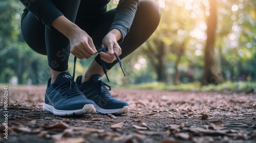 A woman sits on a log tying up her shoelaces in a peaceful woodland setting.