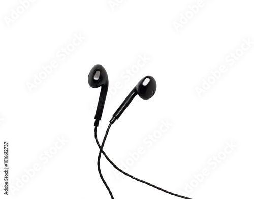 Black wired headphones isolated on white background. Modern gadgets for communication