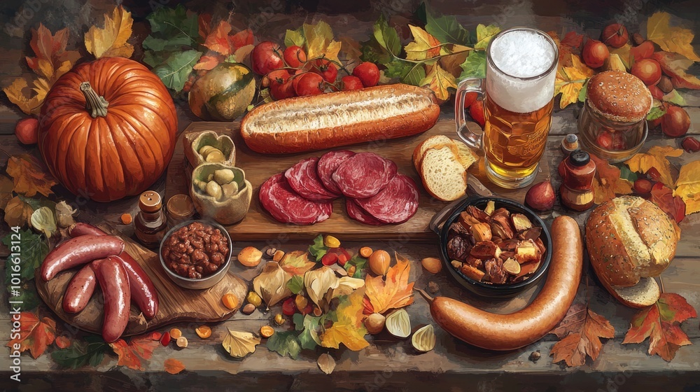 A wooden table laden with various food and drink items, ideal for parties or celebrations. A wooden table laden with various food and drink items, ideal for parties or celebrations.