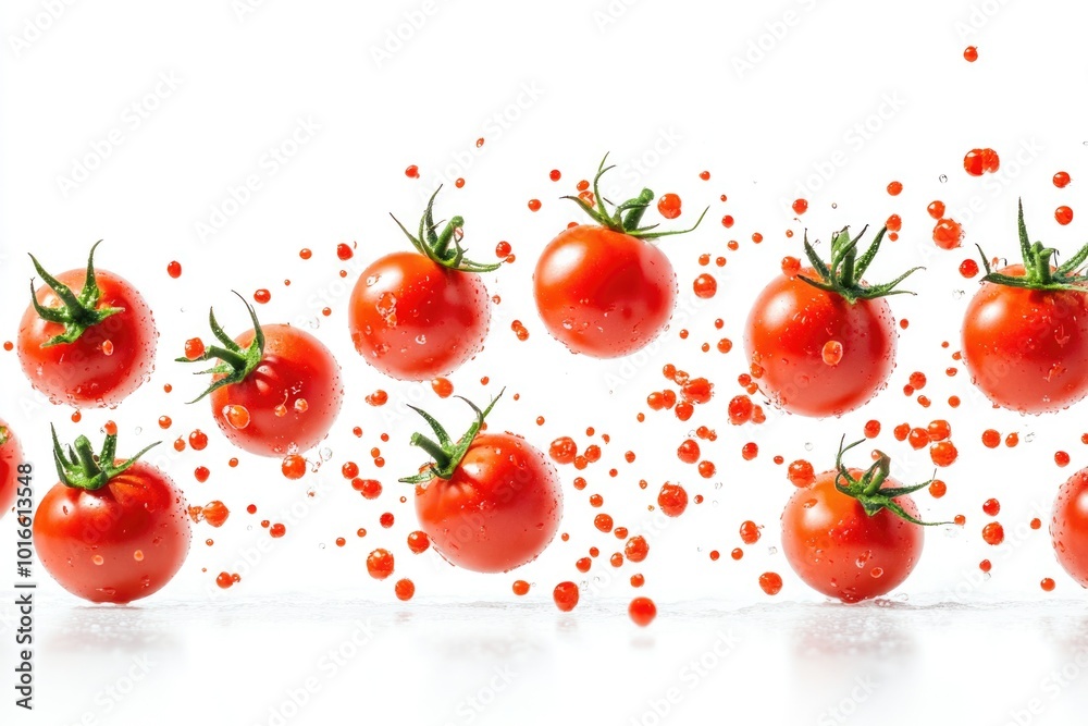A group of tomatoes falling through the air, capturing the moment just before they hit the ground. A group of tomatoes falling through the air, capturing the moment just before they hit the ground.
